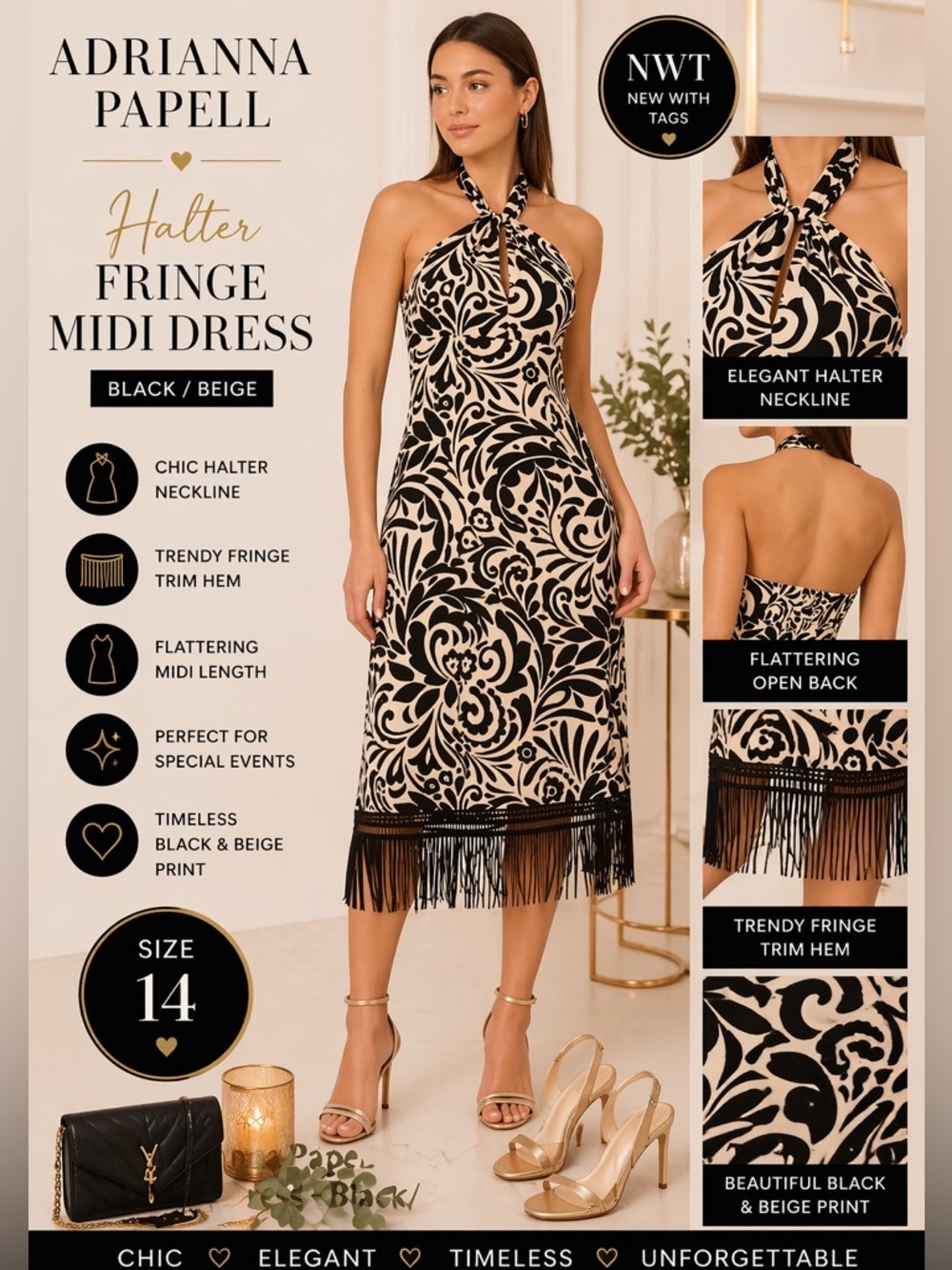 Adrianna Papell Size 14 Halter Midi Dress Fringe Hemline NWT - Picture 2 of 9